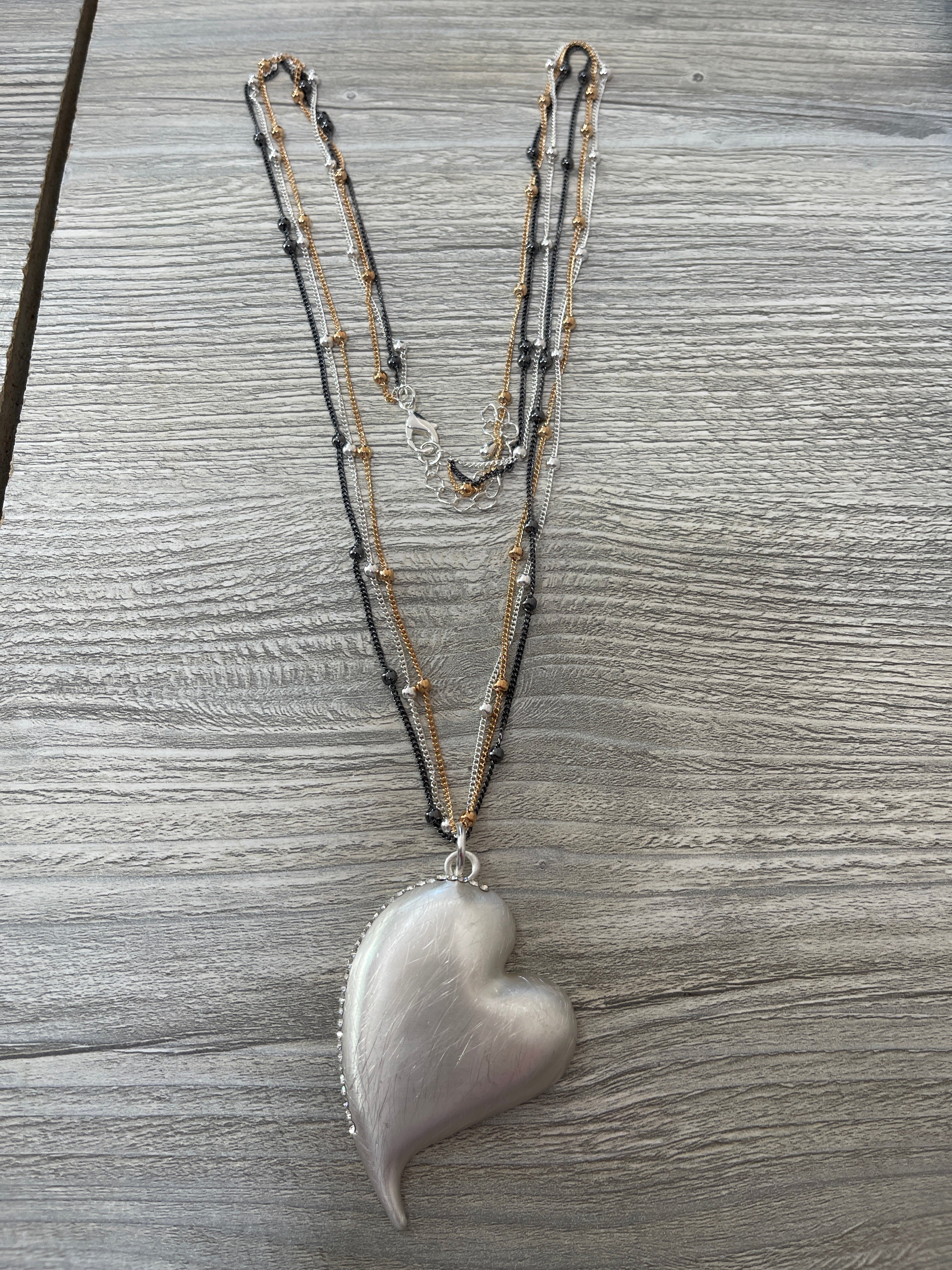Silver Heart & Crystal Tri Strand Necklace