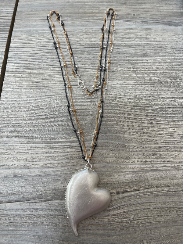 Silver Heart & Crystal Tri Strand Necklace
