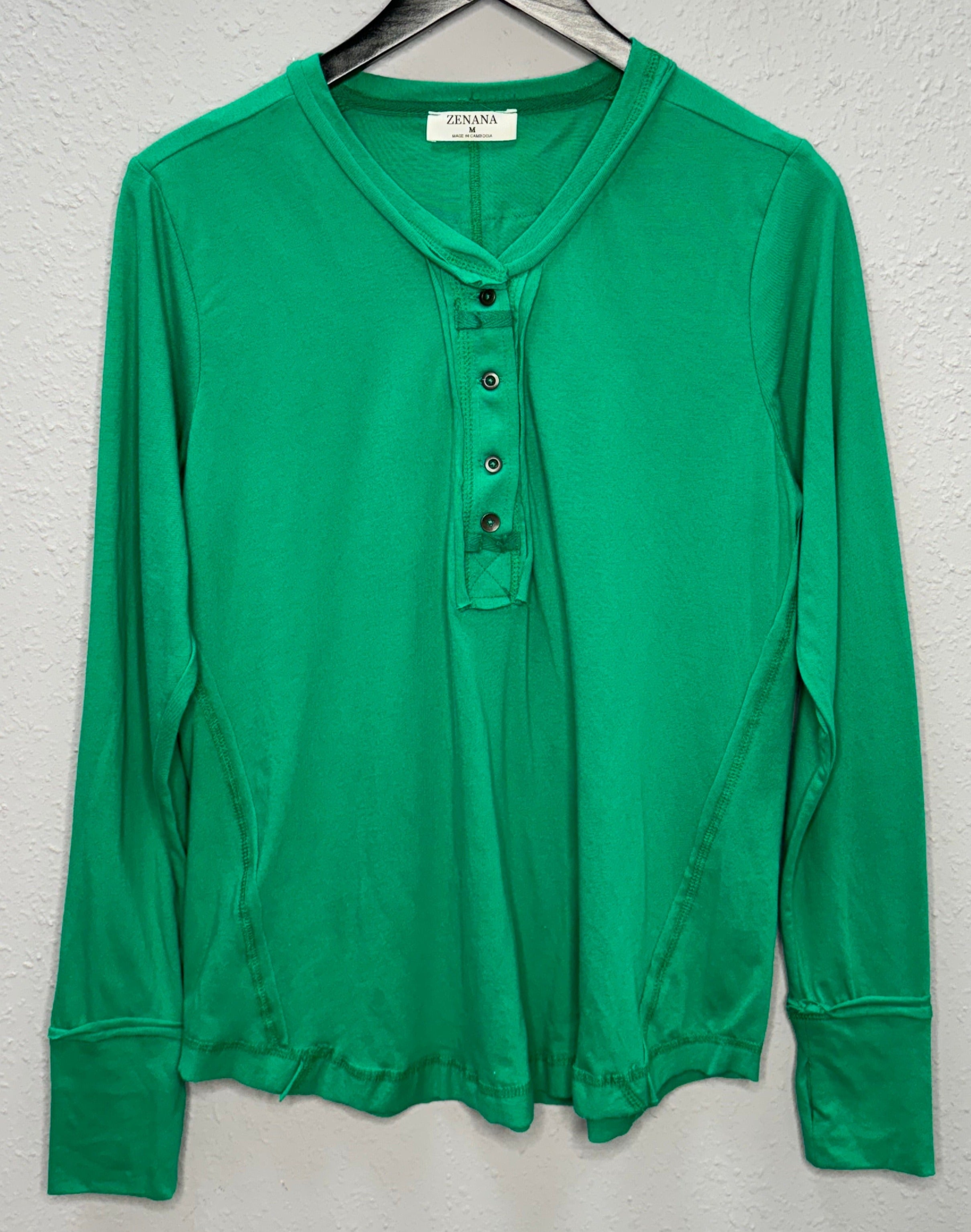 Button Closure Long Sleeve-Kelly Green