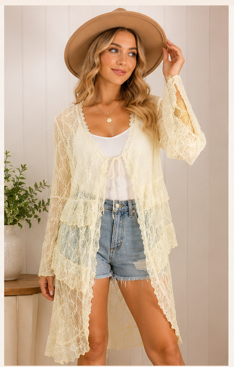 V Lemon Yellow Lace Cardigan