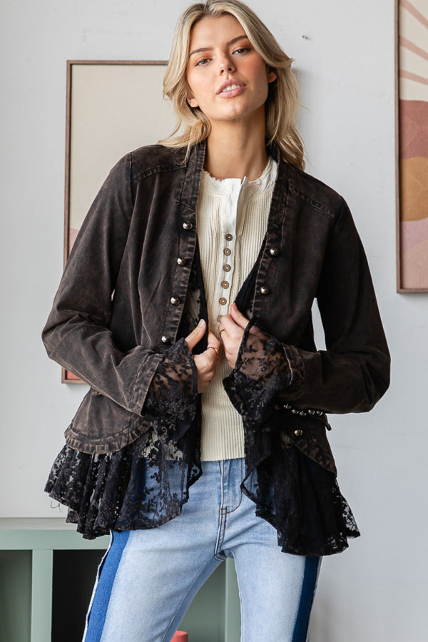 Mineral Washed Lace Ruffle Jacket