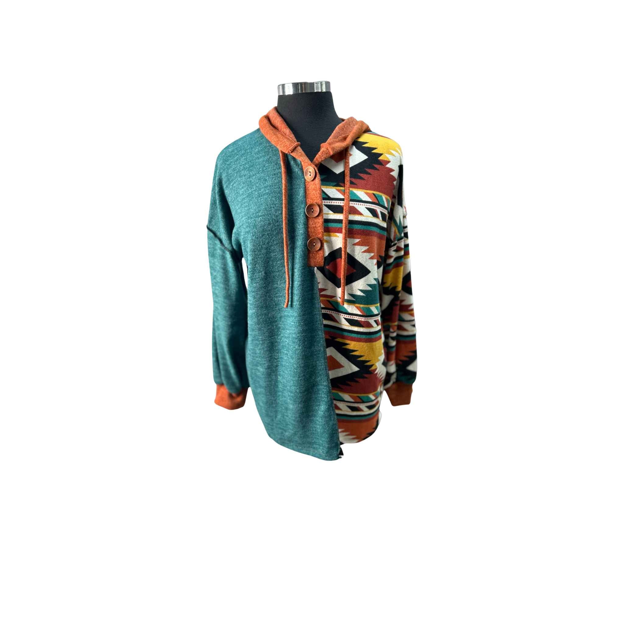 Multi Pattern Teal Hoodie