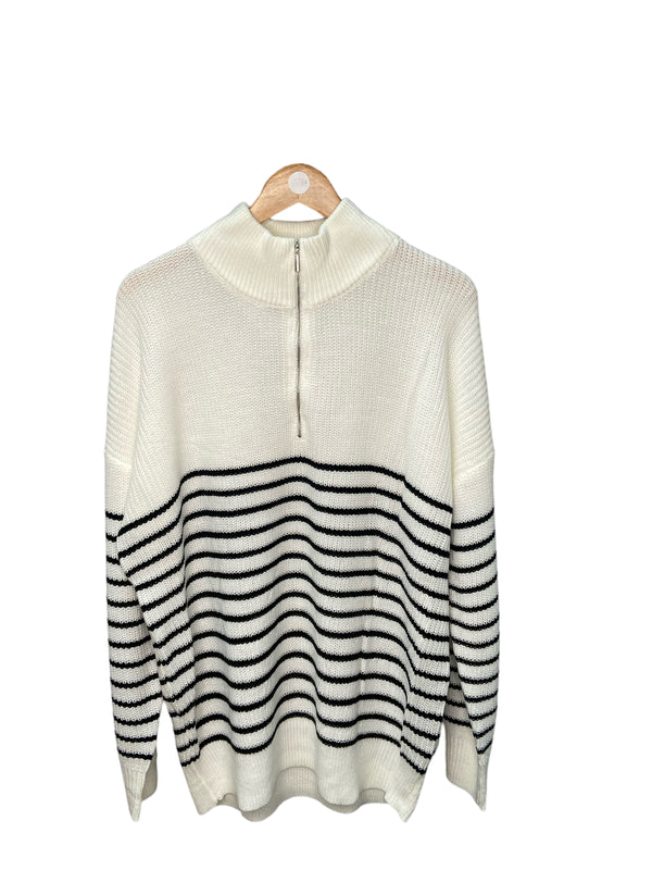 Ivory with Black Stripe Zip Neck Sweater