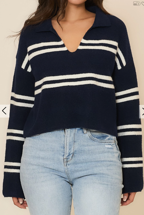 Navy & White V-Neck Sweater