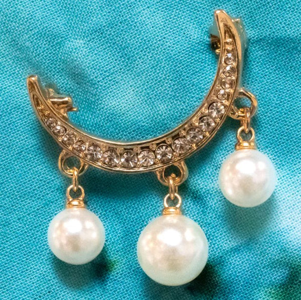 Gold & Crystal Half Moon Scarf Pin w/Pearls