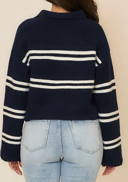 Navy & White V-Neck Sweater