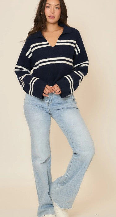 Navy & White V-Neck Sweater