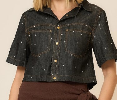Denim Rhinestone Short Sleeve Top