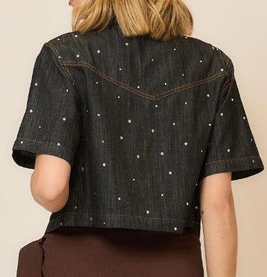 Denim Rhinestone Short Sleeve Top