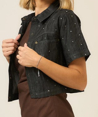 Denim Rhinestone Short Sleeve Top