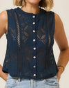 CC  Navy Lace Button Front Tank