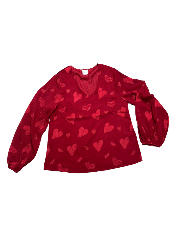 Wine Long Sleeve Blouse with Hearts