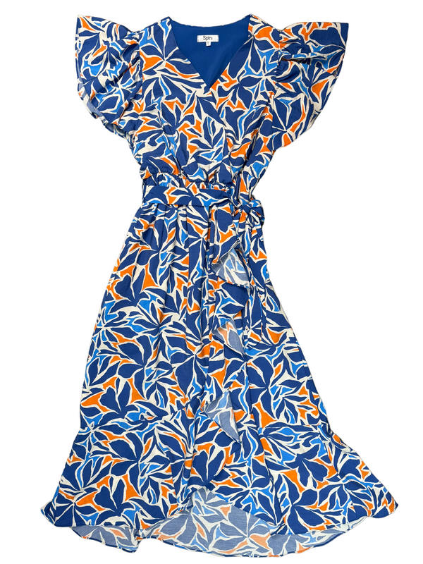 Blue and Orange V-Neck Dress