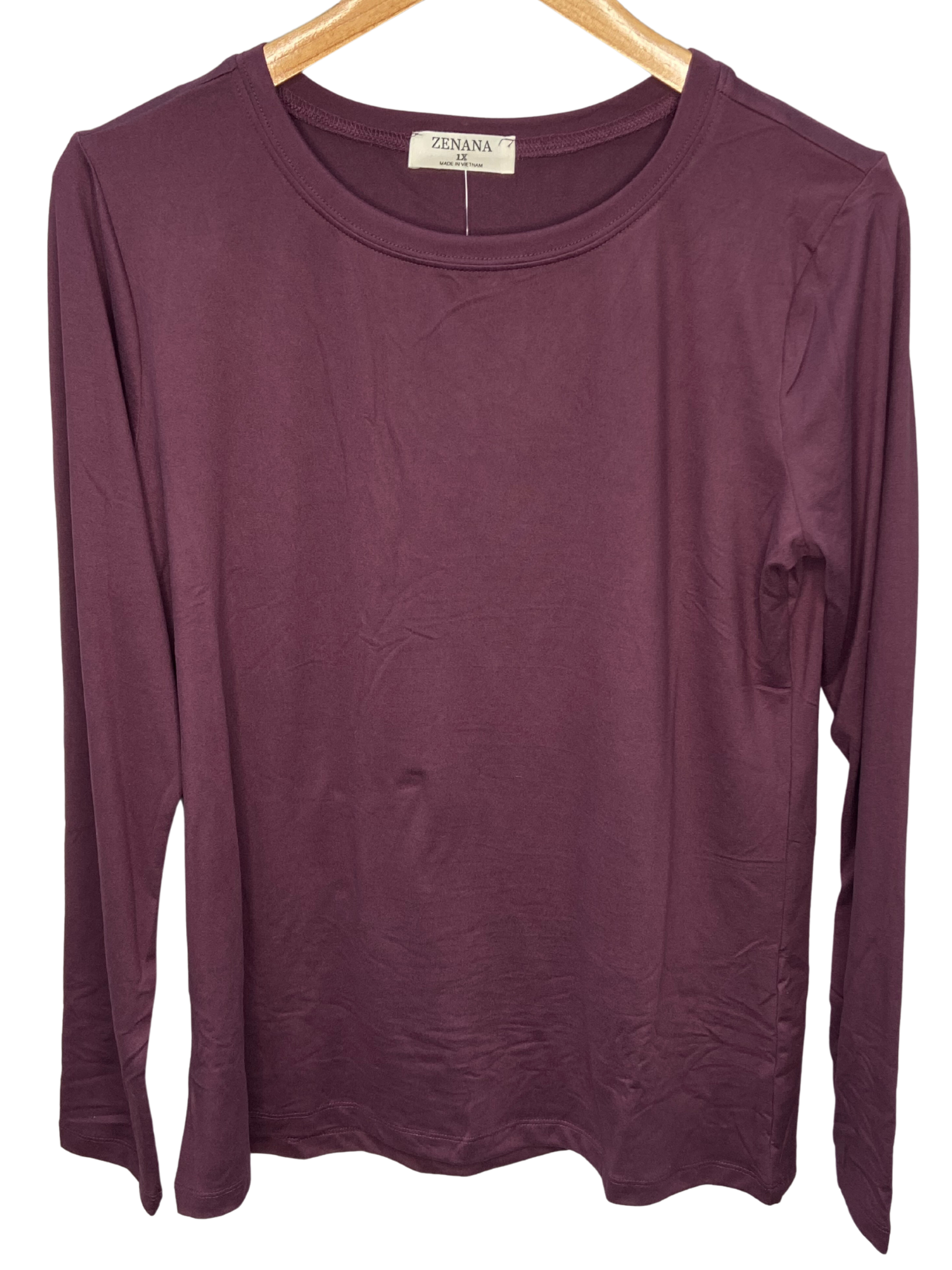 Brushed Microfiber Long Sleeve Round Neck Tee Eggplant
