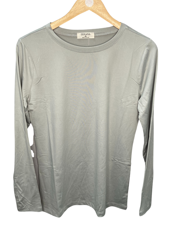 Brushed Microfiber Long Sleeve Round Neck Tee in Light Gray