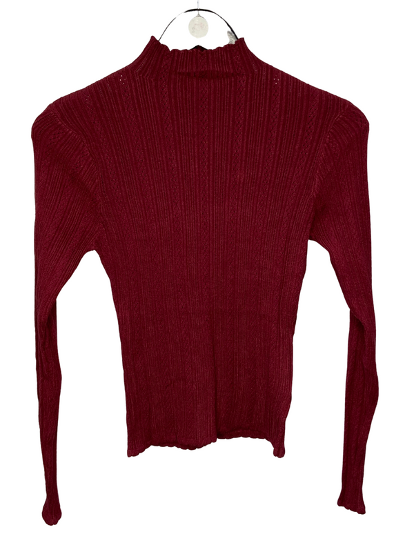 Ribbed Pointelle Mock Neck Sweater in Burgundy