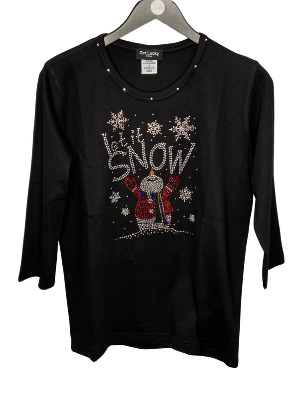 Let It Snow Snowman V-Neck Black 3/4 Sleeve