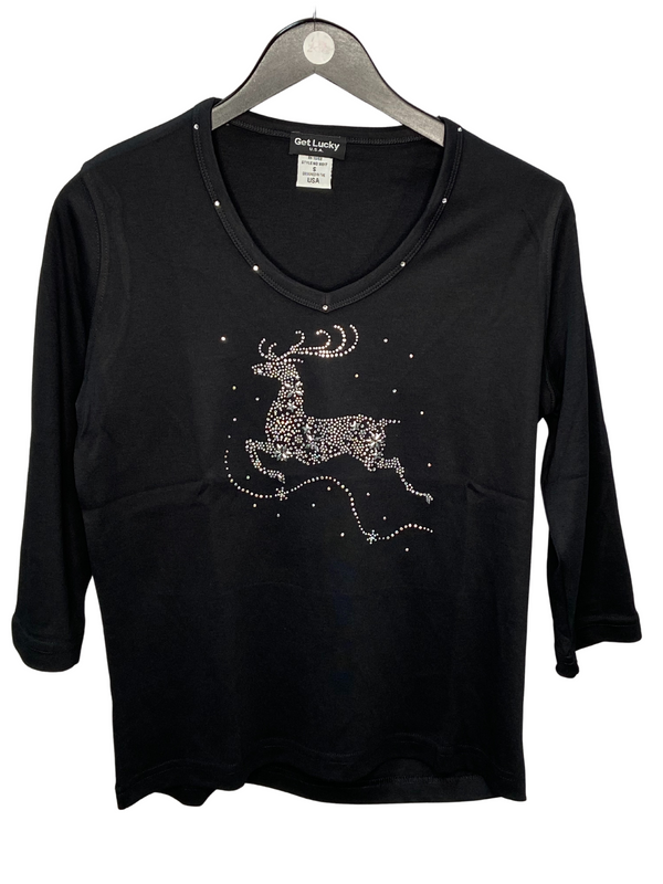 Reindeer V-Neck Black 3/4 Sleeve Shirt