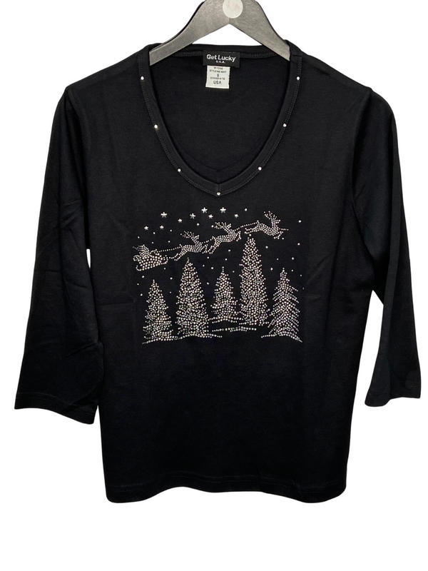Santa/Sleigh/Trees V-Neck Black 3/4 Sleeve Shirt