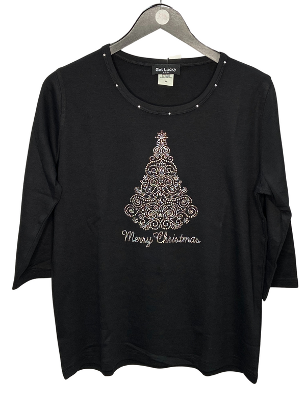 Tree/Merry Christmas V-Neck Black 3/4 Sleeve Shirt