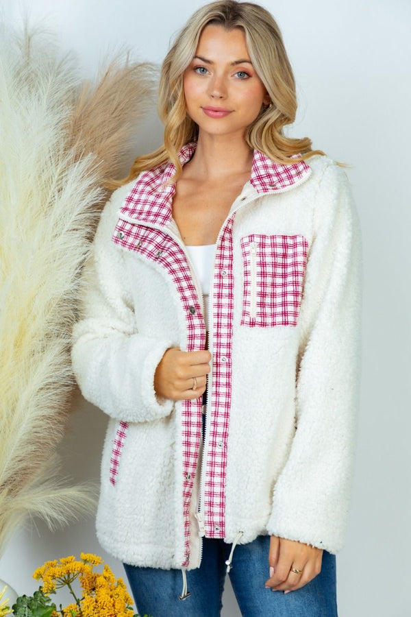 Cozy Chic Ivory Long Sleeve Sherpa Woven Jacket