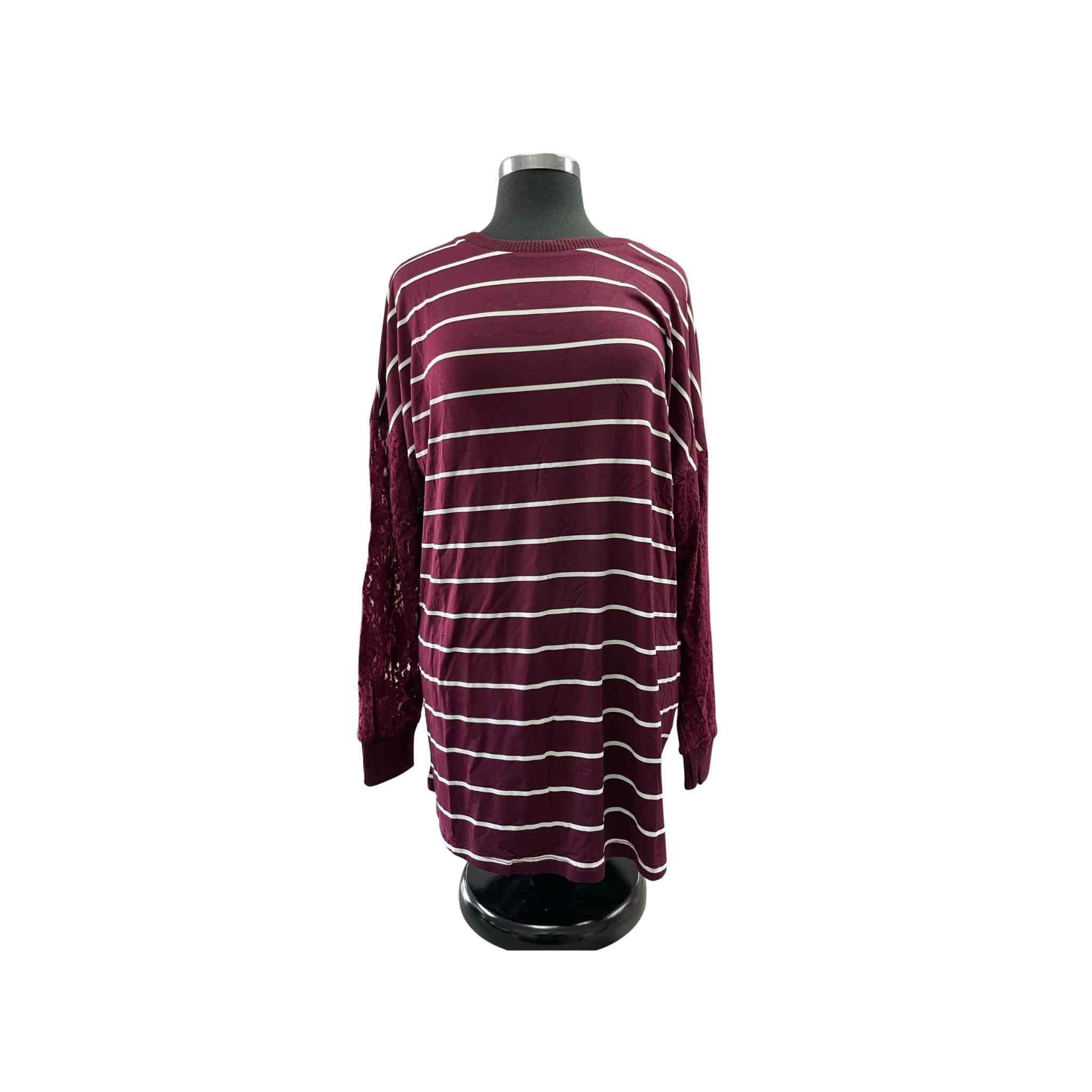 Burgundy And White Striped Top With Lace Sleeves