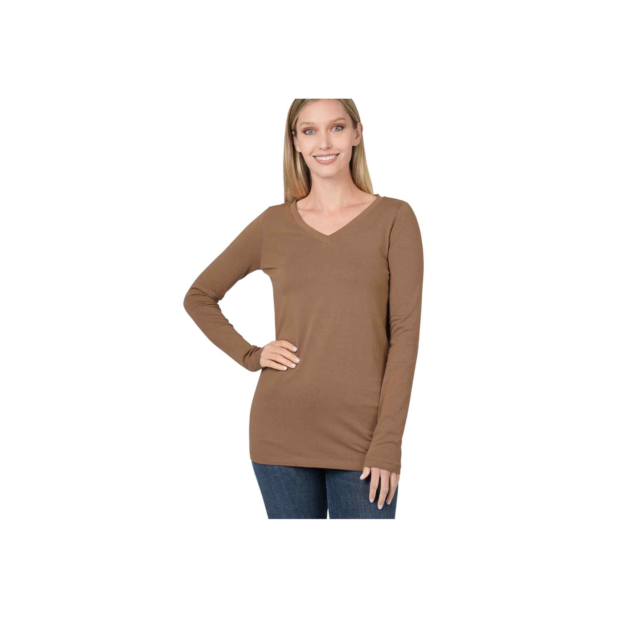 Cotton V-Neck Long Sleeve T-Shirt