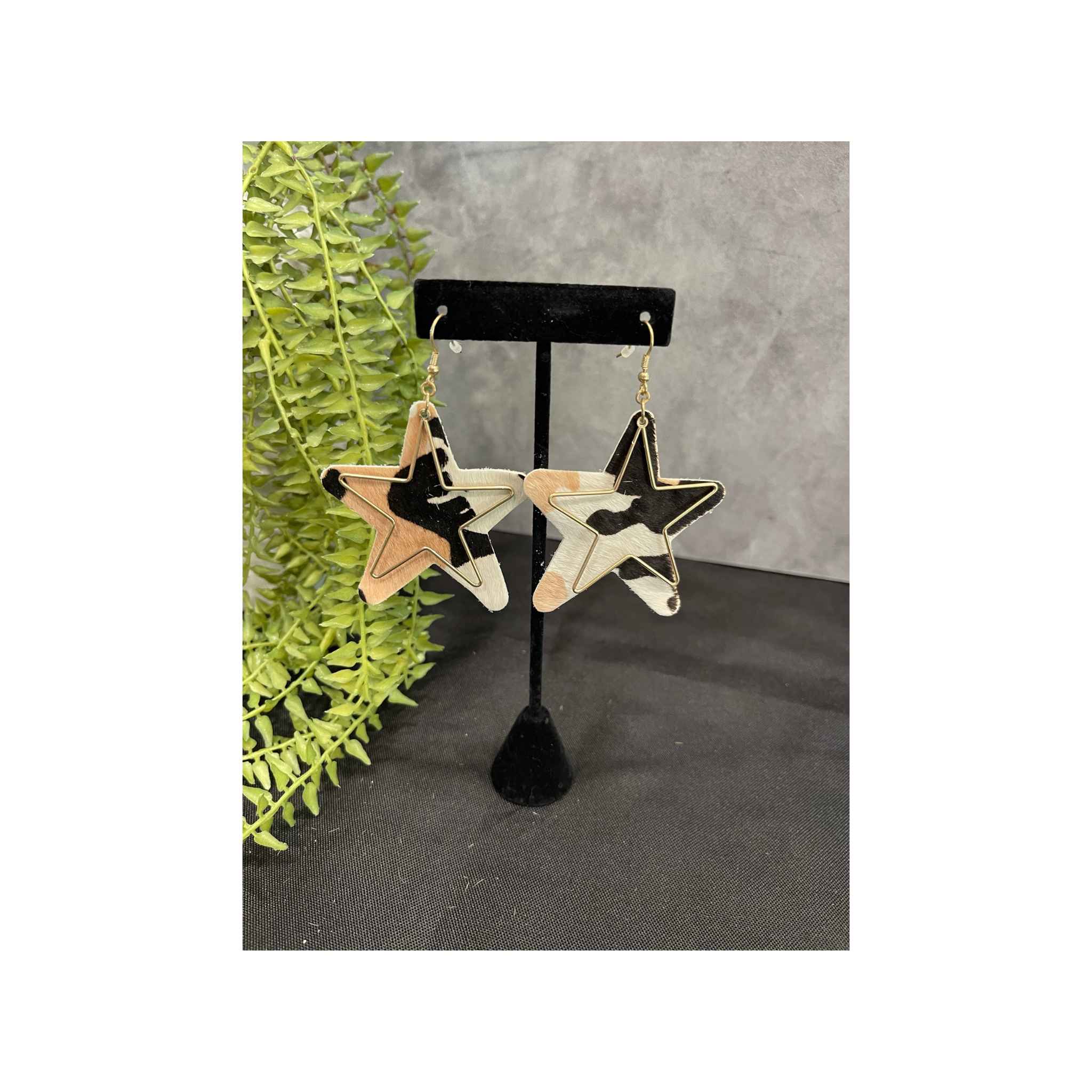Cow Hide Star Dangle Earrings With Gold Outline
