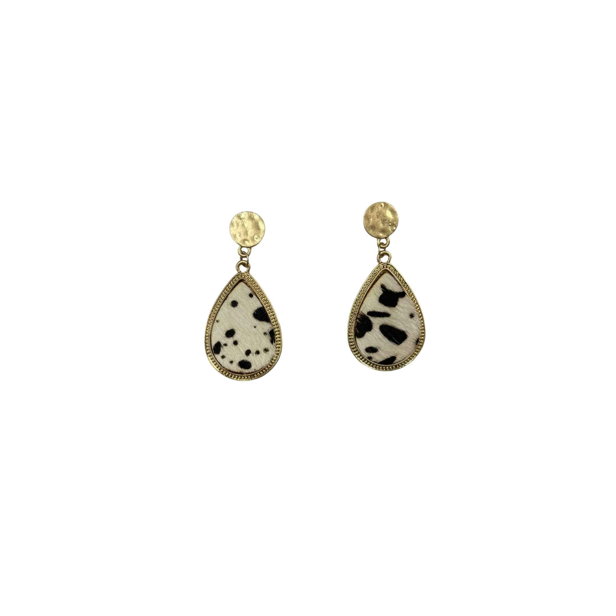 Gold Teardrop Earring With Cow Hide Center