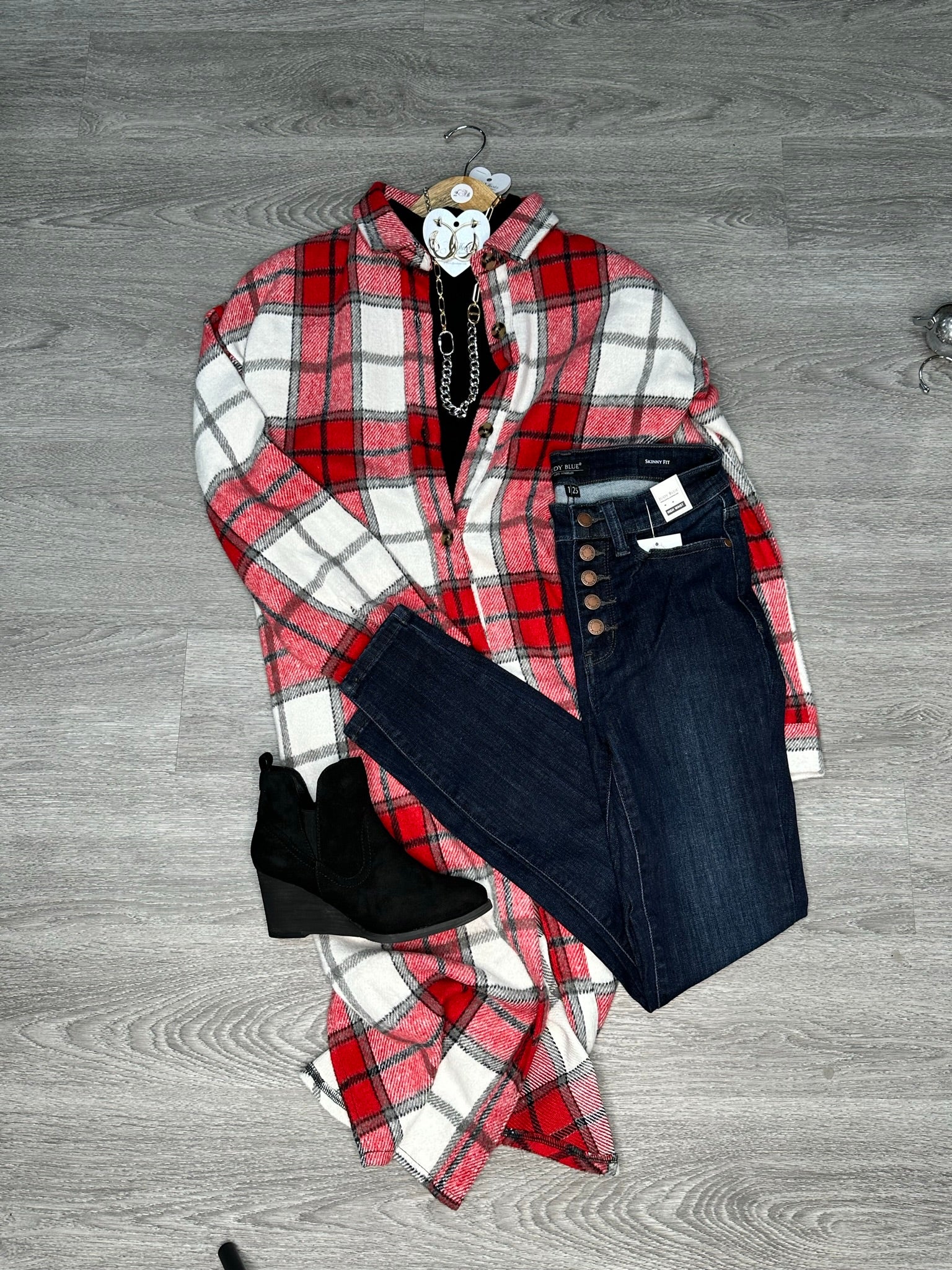 Long Red And White Plaid Shacket