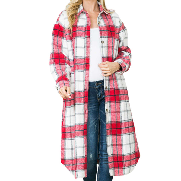 Long Red And White Plaid Shacket