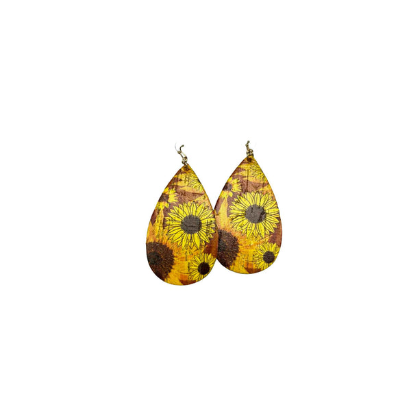 Wood Sunflower Dangle Earrings